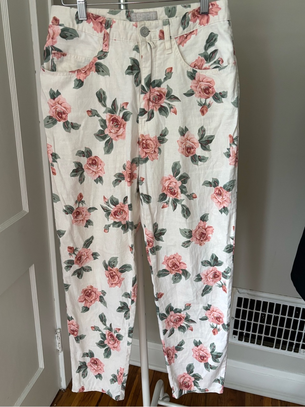 Vintage Espirit Sport High Waisted Cotton Linen White Floral Rose Pants Sz 12